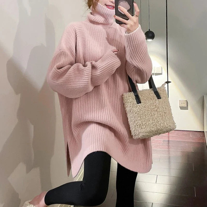 Women Simple Casual Oversized Turtleneck Knitted Sweater 2023 Autumn Winter Trendy Split Long Sleeve Pullover Tunic Tops Jumpers Pink