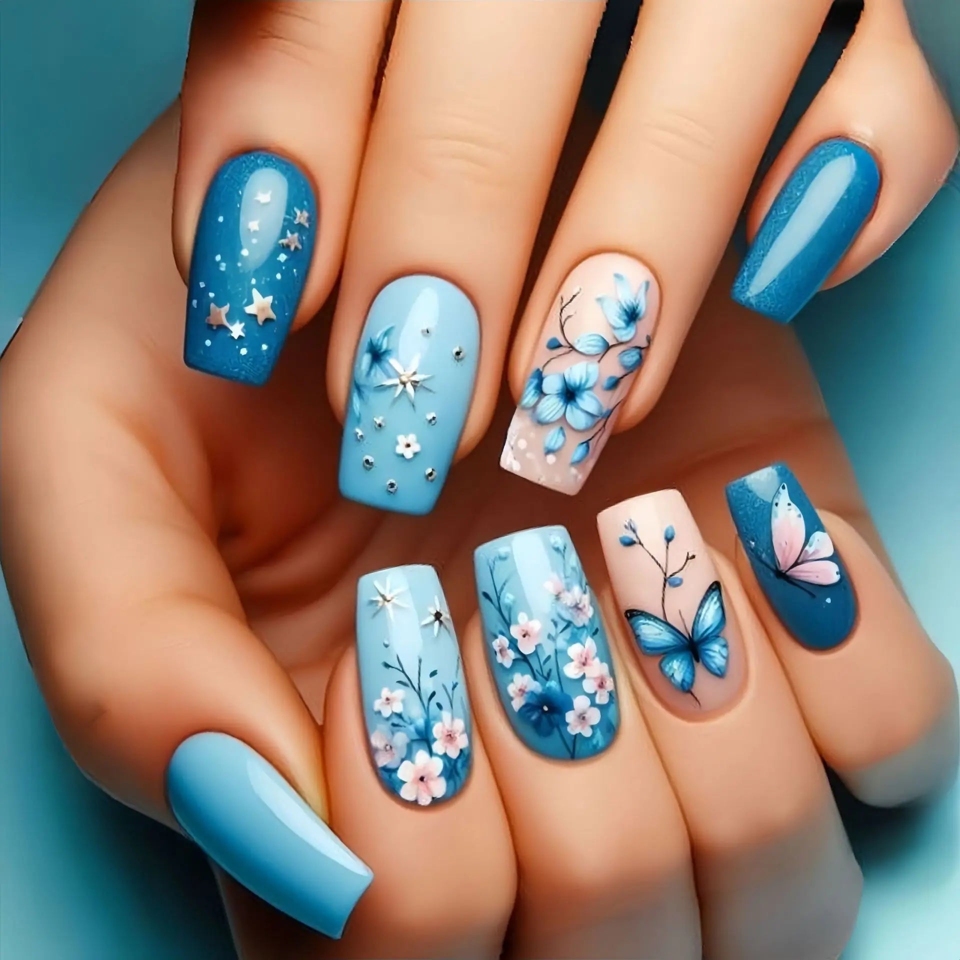 24pcs/set Medium long fake nails square ballet tips flowers butterfly for spring summer season blue green press on false nail
