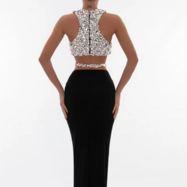 Sparkly Crystal Bodycon Tops 2 Pieces Bodycon Long Dress Women Sexy Off the Shoulder Nightclub Party Performance Costume
