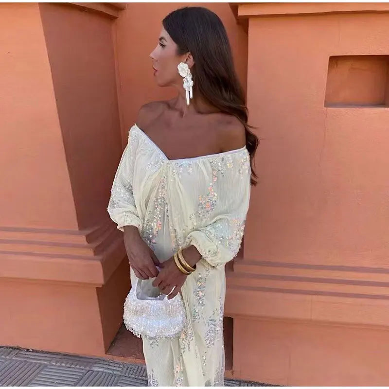 Strapless Pleated Sequins Dress Women New Fashion Lantern Sleeves V-Neck Lace Midi Dresses Female Evening Party Vestidos