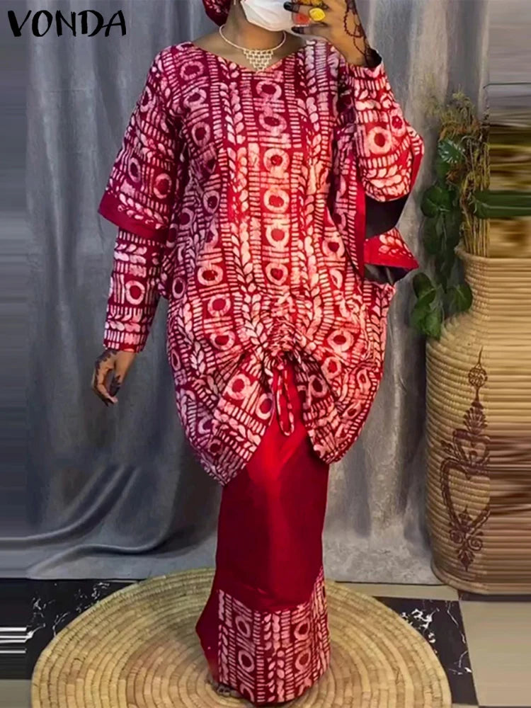 Plus Size 5XL VONDA Women Sets 2024 Bohemian Printed Outfits Elegant Long Sleeve Top+Half Skirt Two-Piece Sets Casual Loose Suit