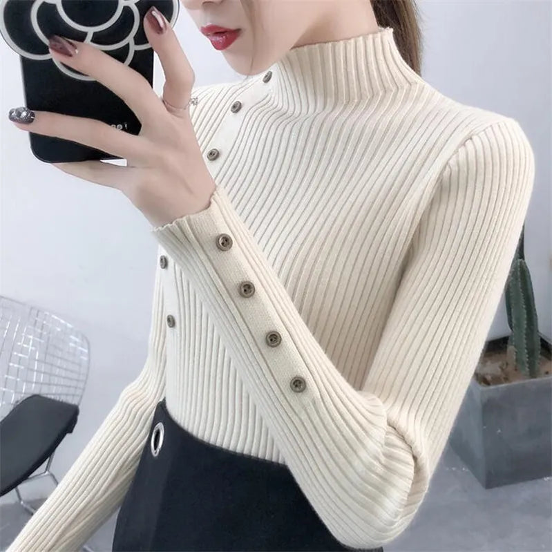 Women Autumn Knitted Slim Sweaters Solid Knitted Female Cotton Soft Elastic Color Pullovers Button Full Sleeve Turtleneck Beige One Size