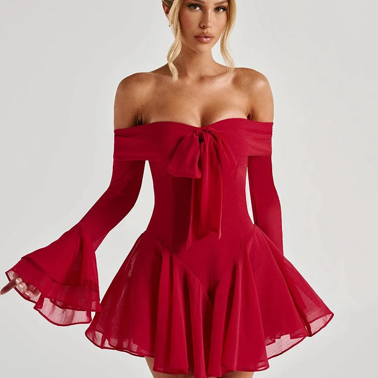 Strapless Long Flare Sleeve Sexy Mini Dress For Women Robe Off-shoulder Backless High Waist A-line Club Party Dress