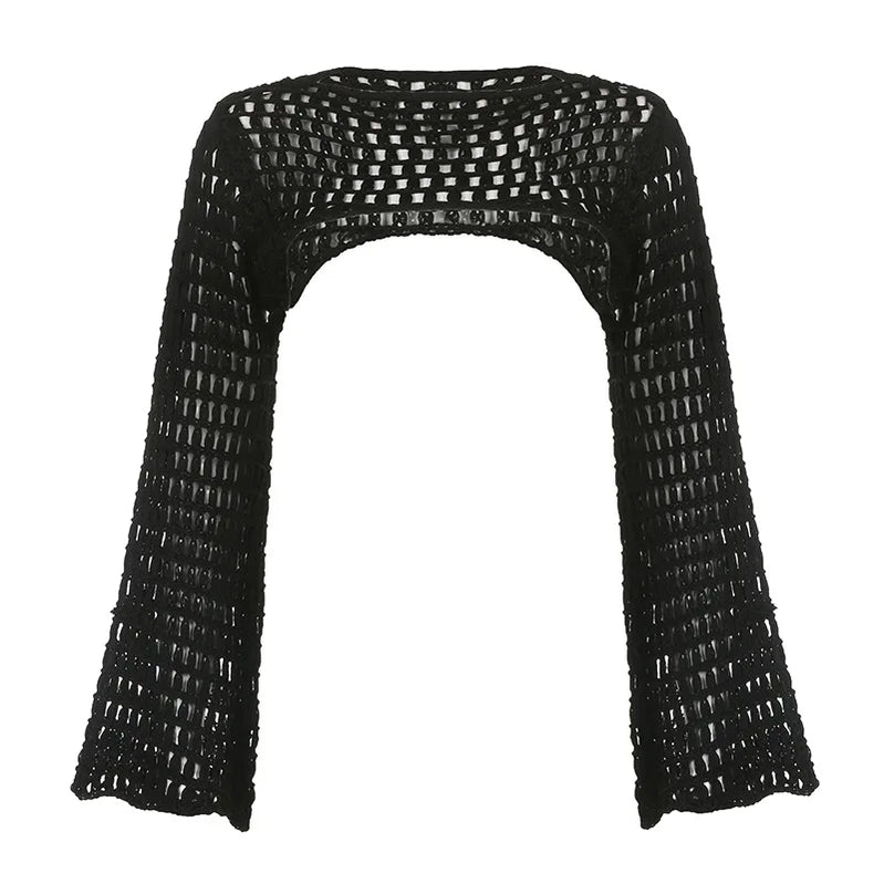 Women Y2k Crochet Knit Hollow Out Crop Top Long Flared Sleeve Shrug Sweater Mesh Cover Ups Cardigan Streetwear Pullover Women Black One Size