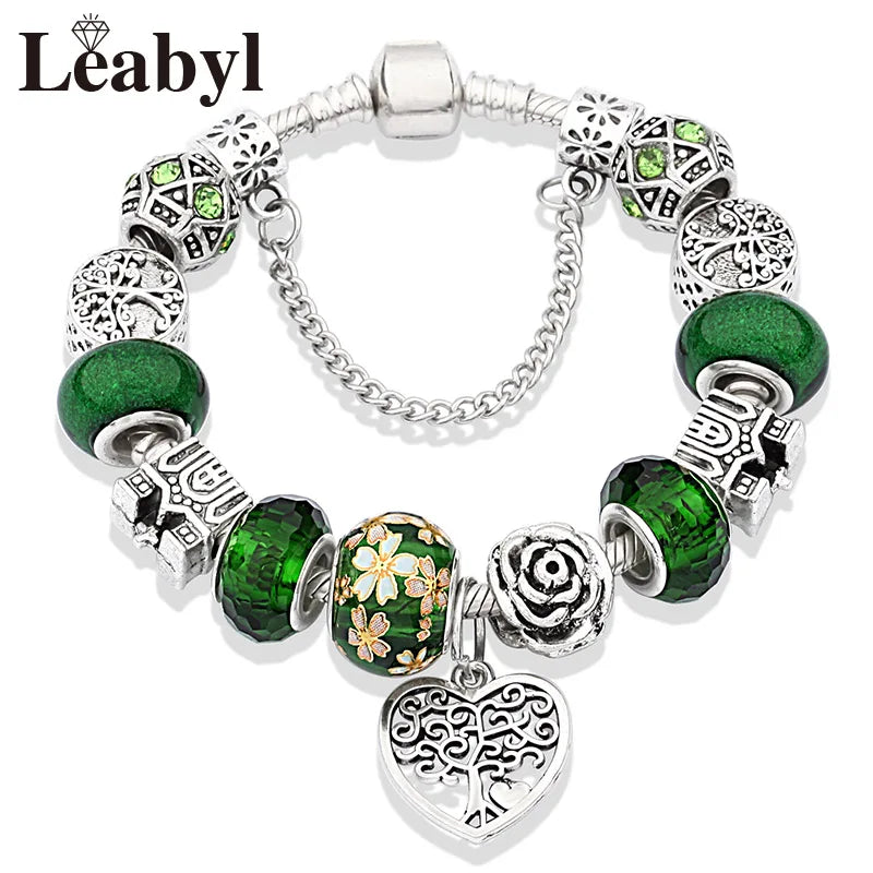 Silver Color Tree of Life Fashion Bead Bracelets Green Leaf Floral Crystal Charm Bracelet & Bangle Pulsera Jewelry 946