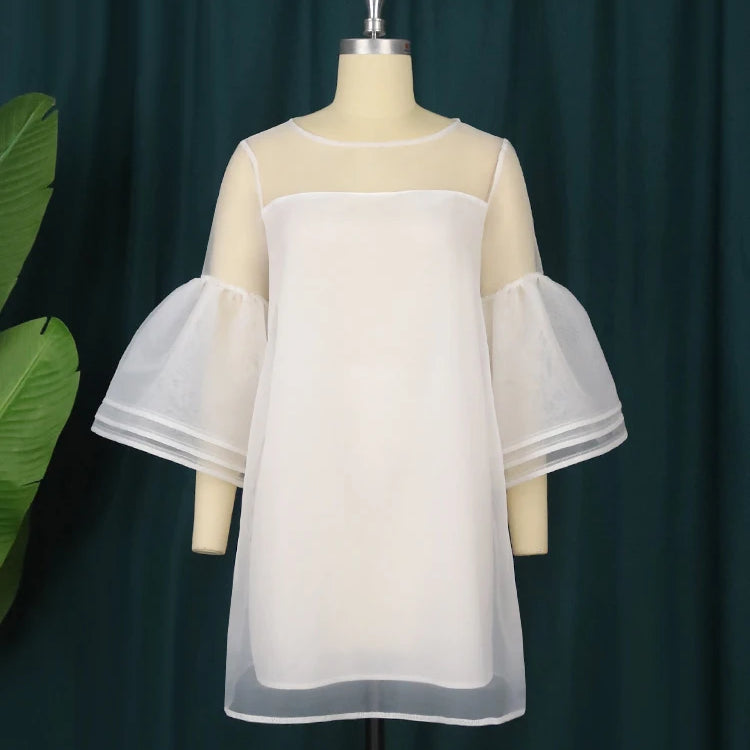 Plus Size 4XL Loose Dresses for Women White O Neck Mesh Tierred Robes Flare Sleeve Mini Gowns Party Event Occasion Outfits Fall