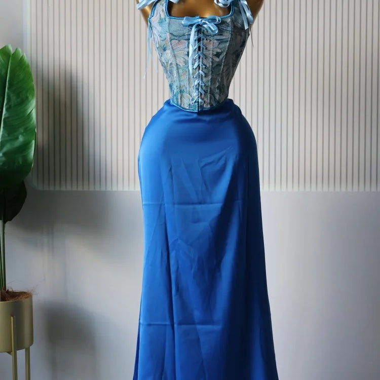 CM.YAYA Women's Dress Set Print Bow Corset Top and Maxi Long Skirt Suit 2025 Summer Elegant Evening Two 2 Piece Set Outfits