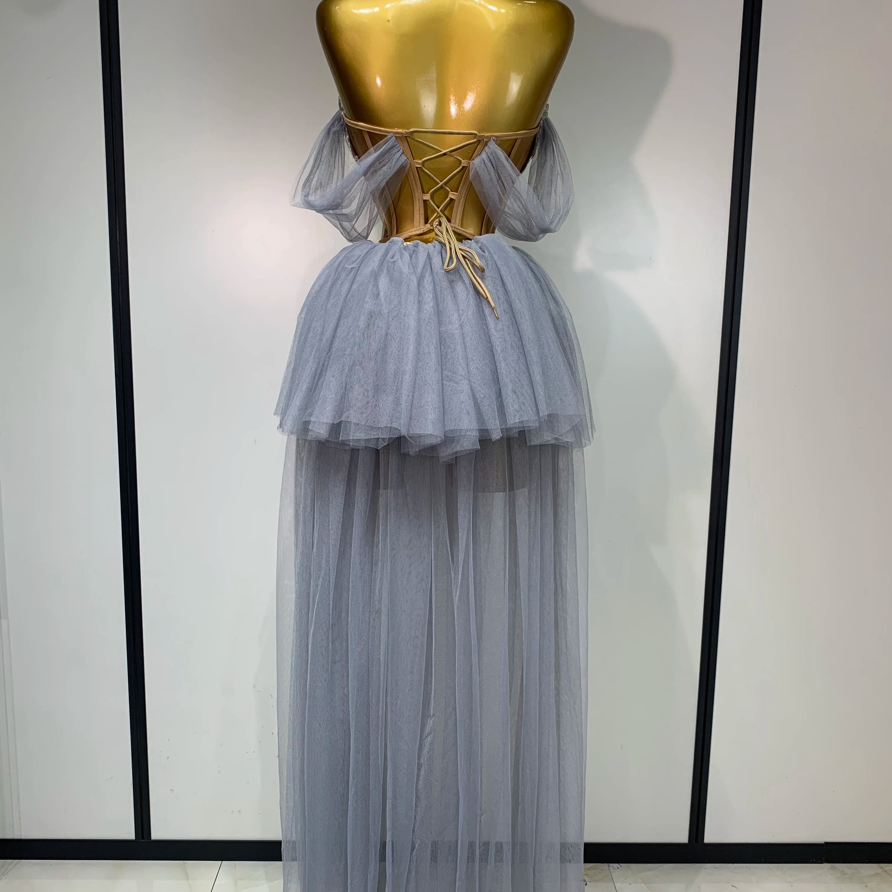 Sexy Backless Mesh Top Skirt Two Pieces Set Celebrate Festival Performance Costume Luxury Birthday Evening Party Design Dress