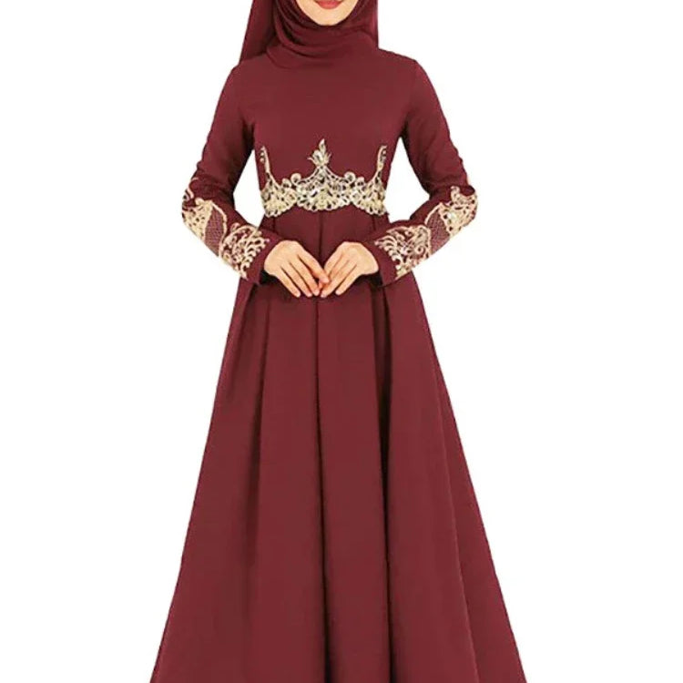 New In Women Dress NO Scarf Elegant Muslim Islam Abaya Embroidered Elastic Falbala High Waist Slim Party Robe Swing Robe Dresses Jujube red