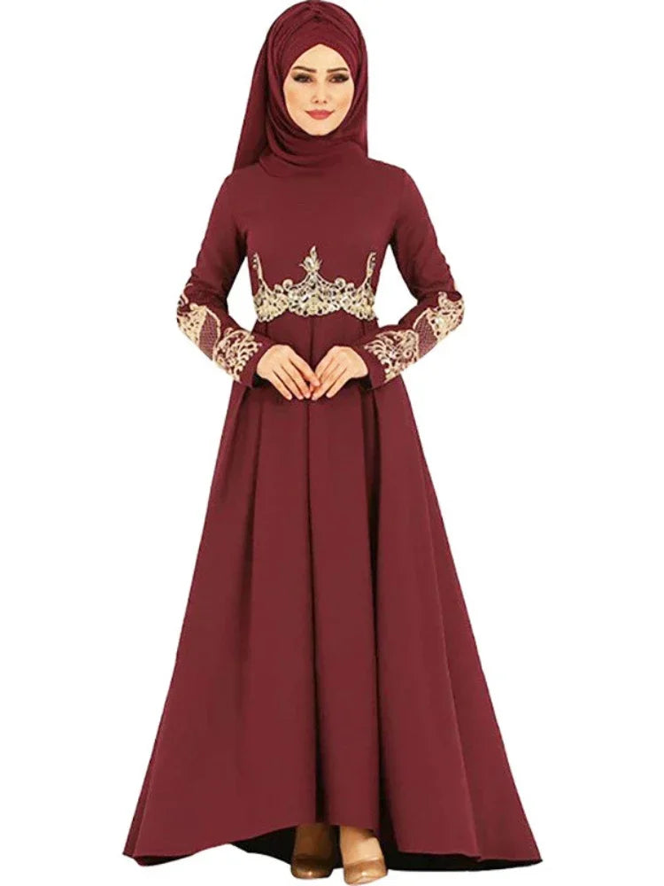 New In Women Dress NO Scarf Elegant Muslim Islam Abaya Embroidered Elastic Falbala High Waist Slim Party Robe Swing Robe Dresses Jujube red