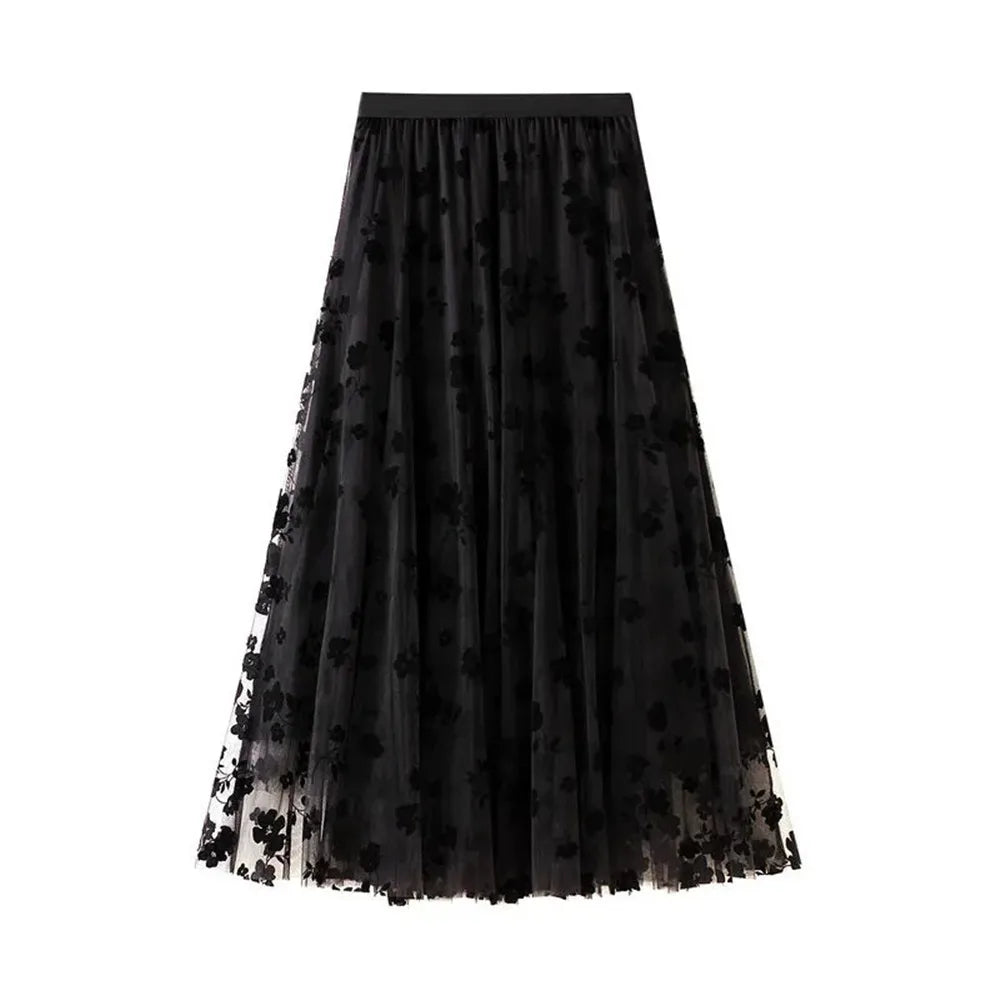 Ladies Vintage Floral Autumn Winter Skirt Women Casual Elastic High Waist Midi Pleated Mesh Tutu Skirt Women Tulle Skirt Female Black