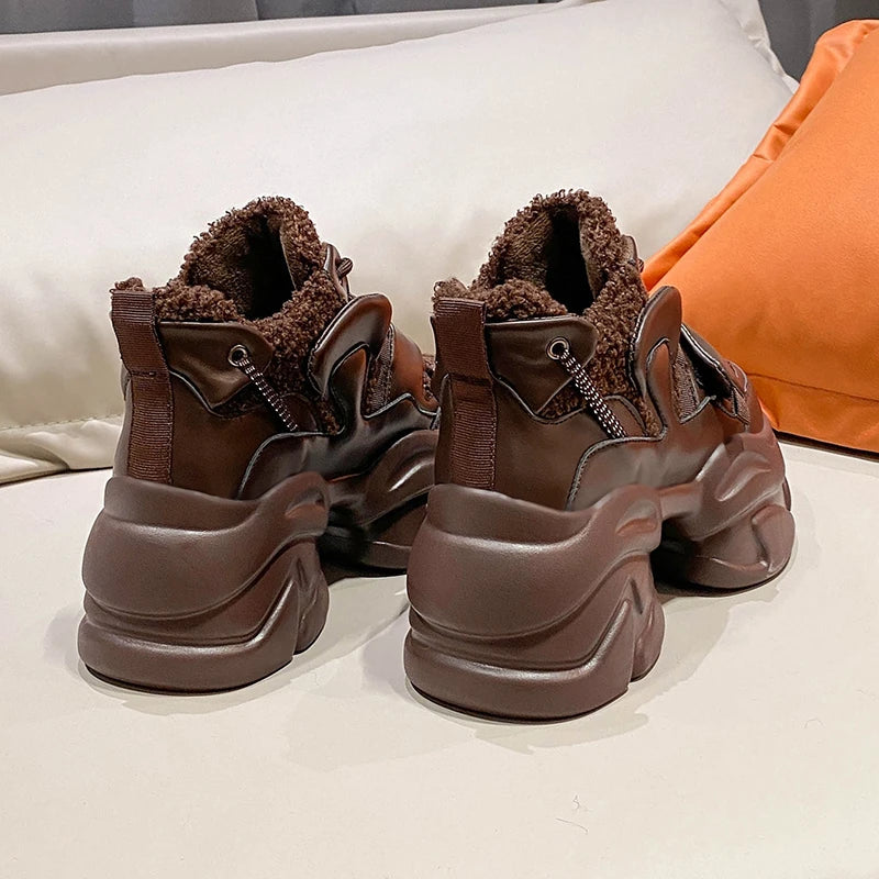 Winter Women Platform Warm Sneakers Leather Casual Trainers Chunky Shoes 8CM Heels Autumn Wedges Height Increasing Sports Shoes