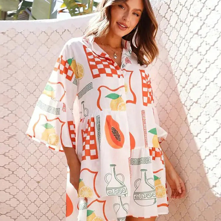 Print Flare Sleeve Ruffled Mini Women's Dress Elegant Shirt Collar Button Vestidos Spring Casual Loose Beach Female Dresses Figure Color 4