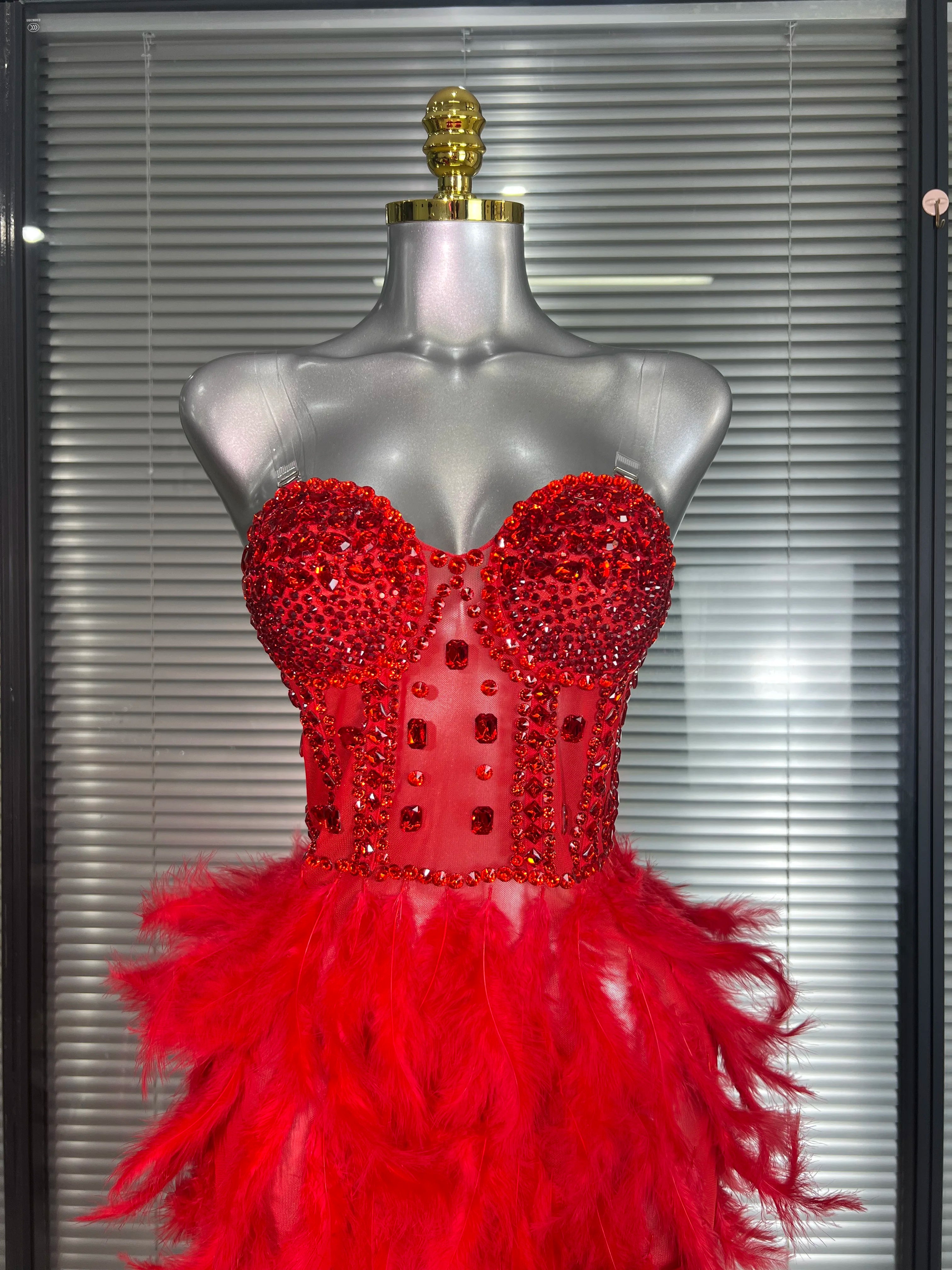 3 Colors Women Sexy Mesh Split Feathers Stage Costume Stage Black Red Stretchy Night Club Party Maxi Dress