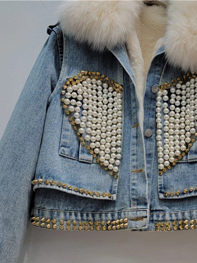 Women's Denim Coat Fox Collar Heart Beading Embroidered Flares Rivet Plush Thick Jackets Winter New Fashion