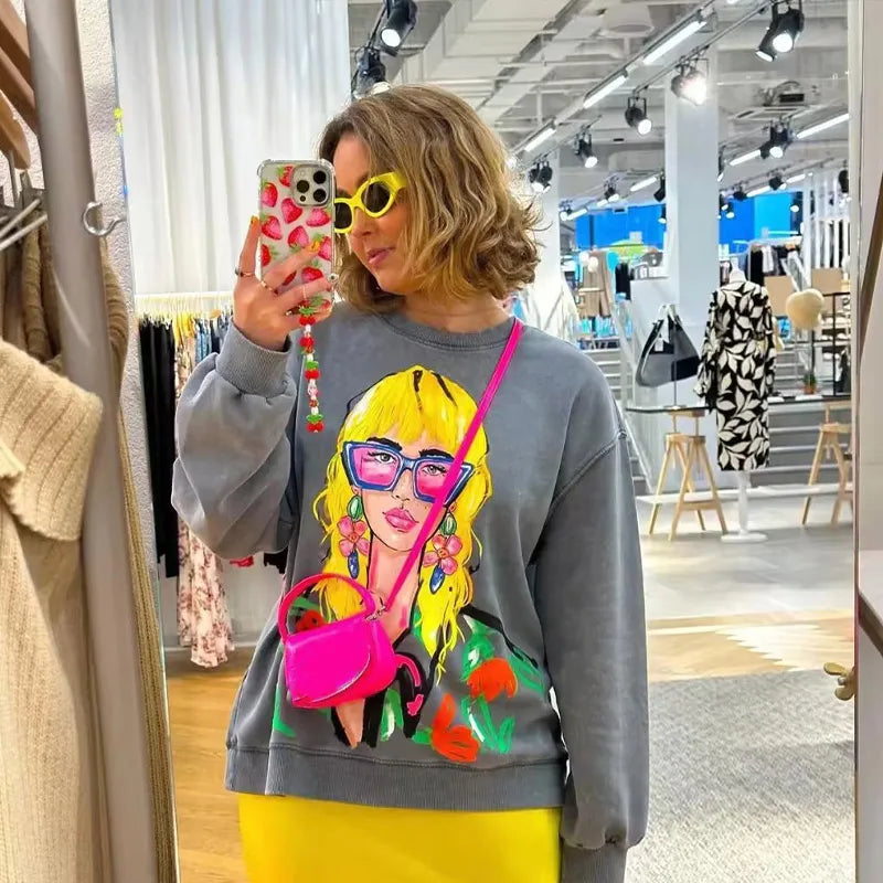 Cartoon Contrast Printed Sweatshirts Women Loose O-neck Long Sleeve Pullovers Female Autumn Fashion Casual Ladies Top print 1