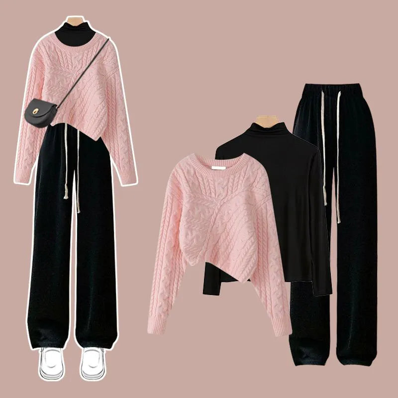 Autumn and Winter Set Women's 2023 New Korean Knitted Sweater Women's Underlay Casual Pants Three Piece Set Winter Clothes Women Three piece set 2