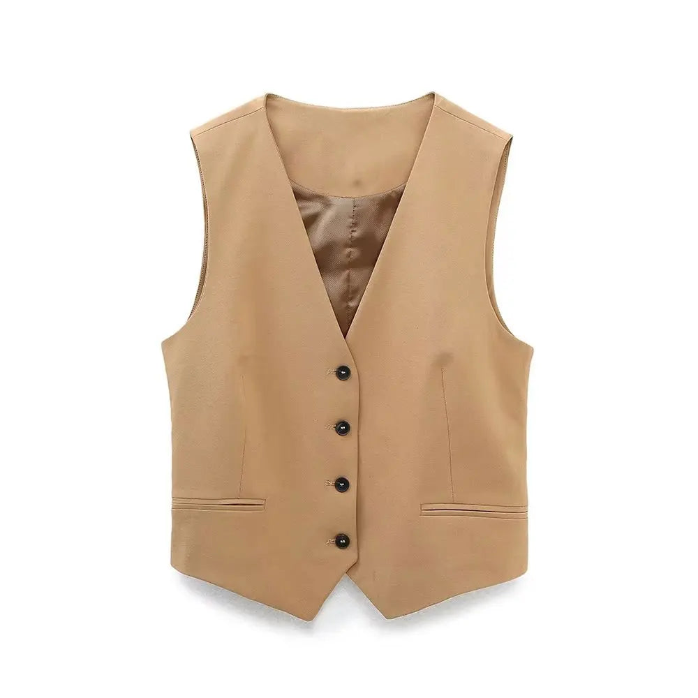 Willshela Women Fashion Khaki Cropped Vest V-Neck Single Breasted Sleeveless Female Chic Lady Outfit Short Top Tank Khaki