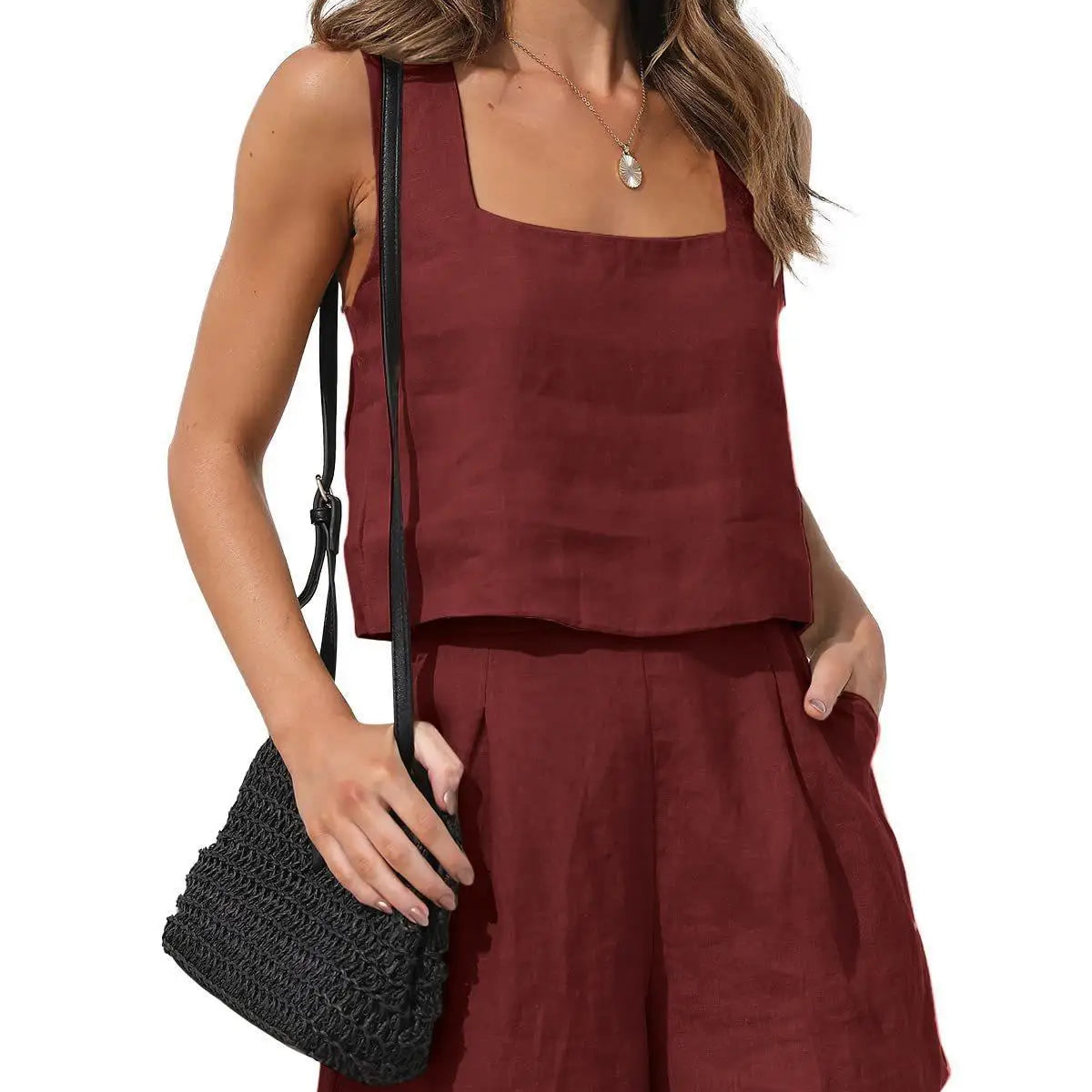 Short Suit Women 2 Pieces Set Vest Shorts Outfit Solid Color Sleeveless Spring Summer Pockets Casual Daily Linen Female Clothing Wine red