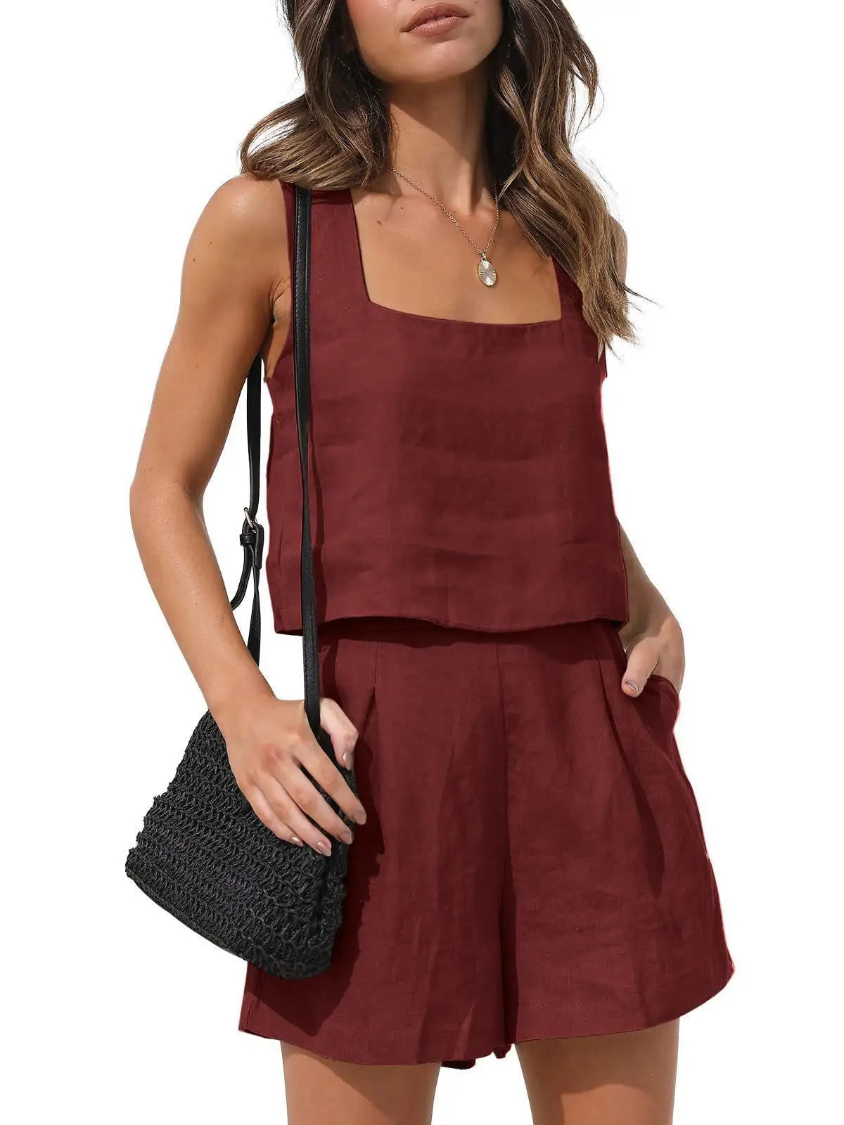 Short Suit Women 2 Pieces Set Vest Shorts Outfit Solid Color Sleeveless Spring Summer Pockets Casual Daily Linen Female Clothing Wine red