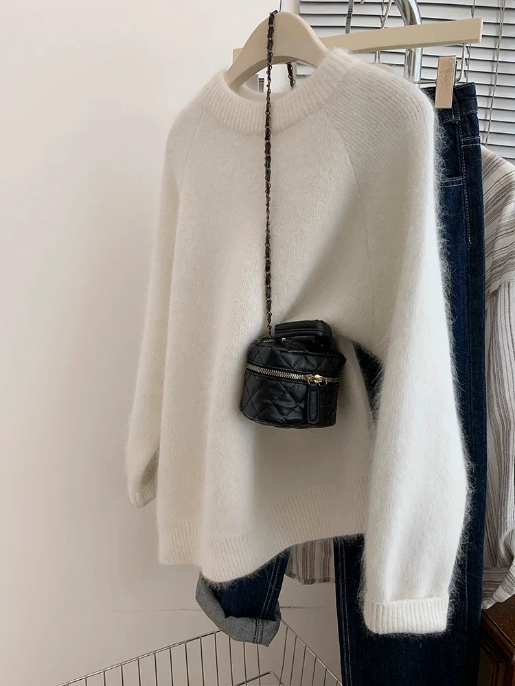 Women's Knitwear Sweaters Fashion Vintage Solid Color Sweater Oversized Loose Knitted Pullover for Women Autumn New WHITE