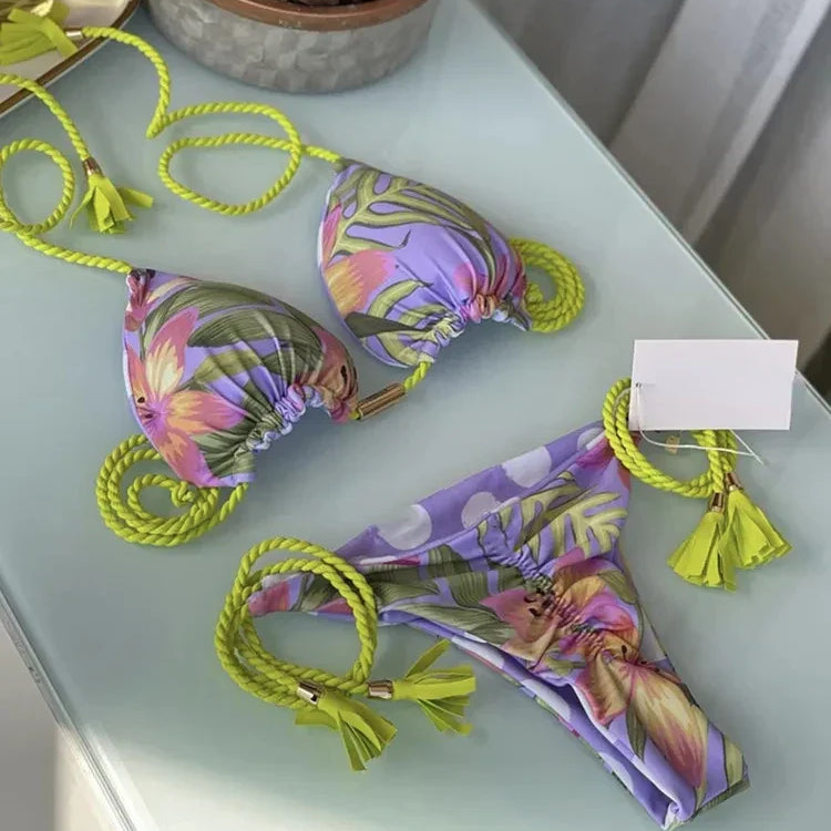 Sexy Swimsuit Women Triangle Bikinis Set Thong Bandage Swimsuits Solid Color Bath Suit Two Piece String Swimear Beach Wear 8255