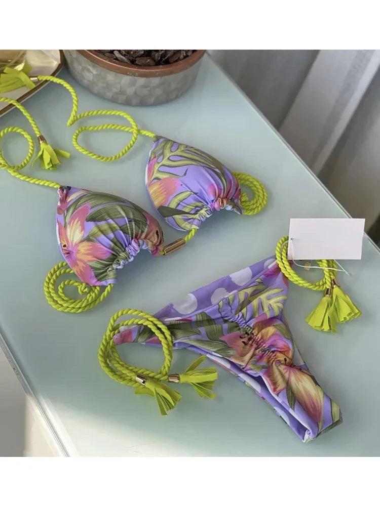 Sexy Swimsuit Women Triangle Bikinis Set Thong Bandage Swimsuits Solid Color Bath Suit Two Piece String Swimear Beach Wear 8255