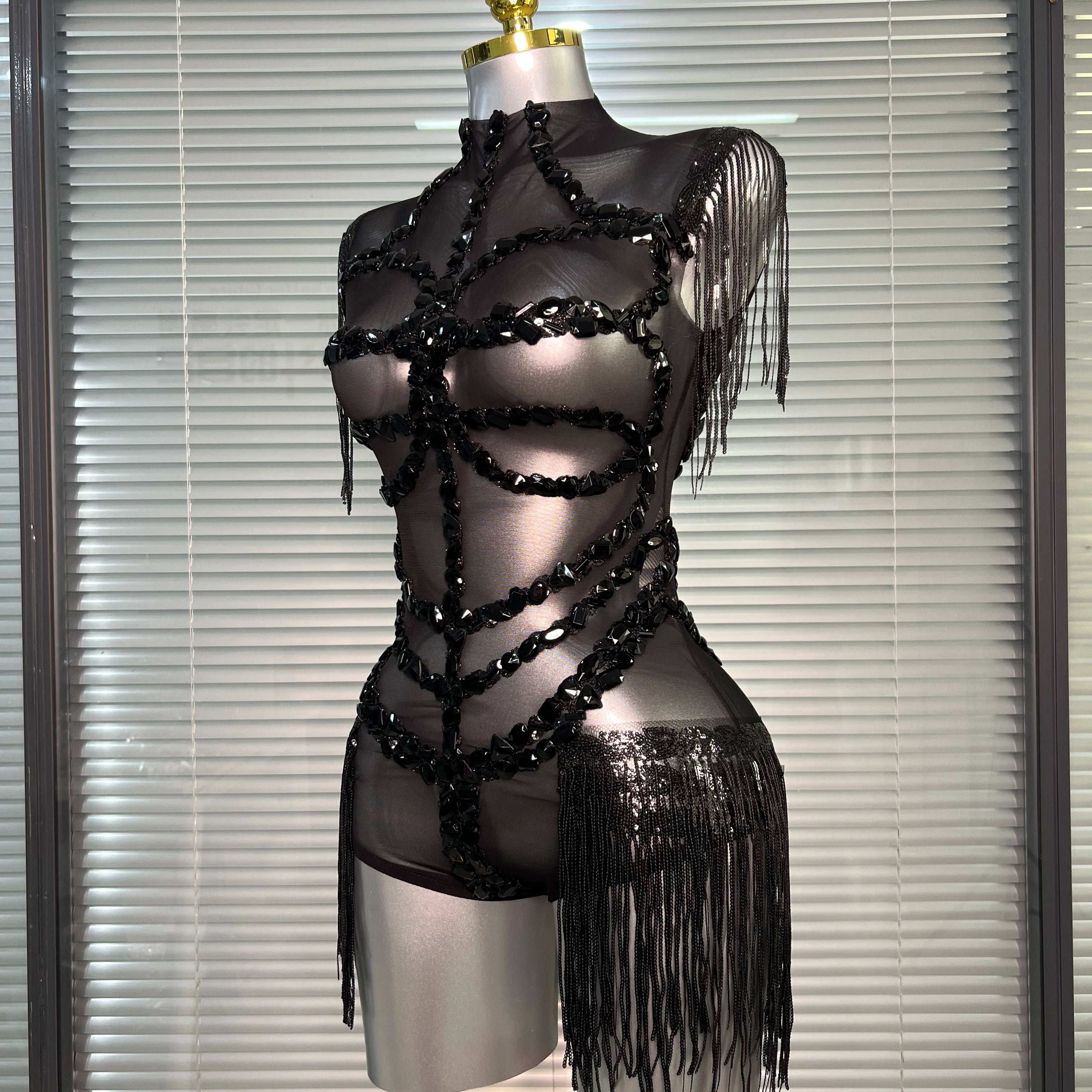 Summer New Women Sexy Black Tassel Crystal Diamonds Stretchy Night Club See Through Singer Dancer Stage Costume Party Bodysuit