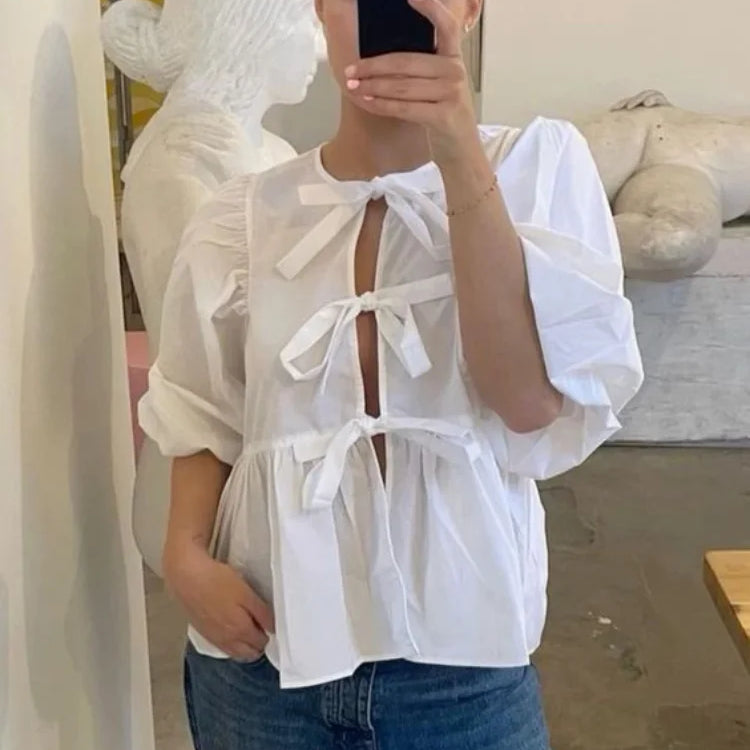 Bow Tied Lace Up Shirt Women Pleats Office Puff Sleeve Female Chic Slim Solid Tops Summer Sweet Lady V Neck Tops