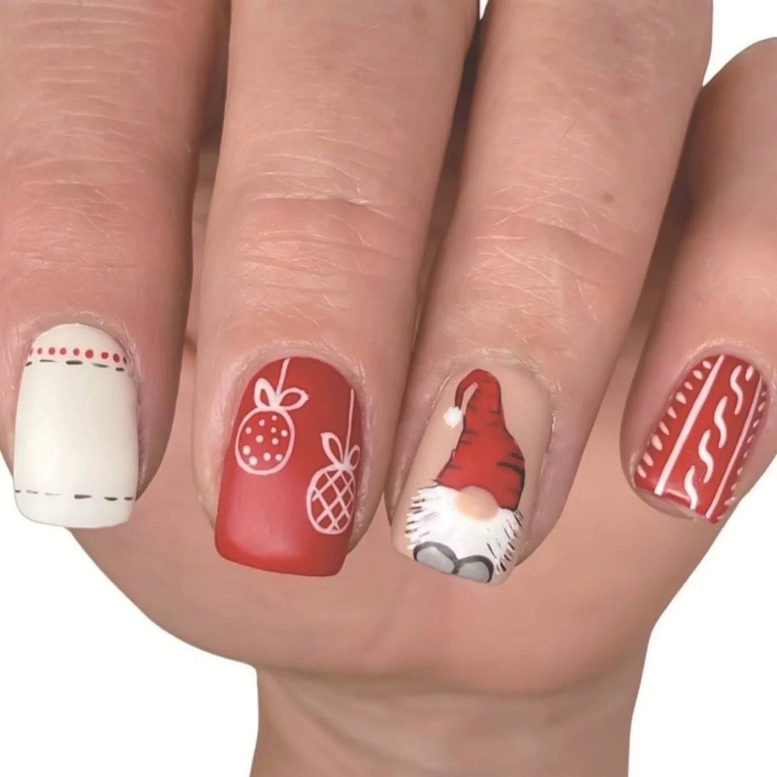 Red/White Short Square Fake Nails 24Pcs Christmas Press On Nails Santas/Candy Printed Full Cover Stick-on False Nails Patches