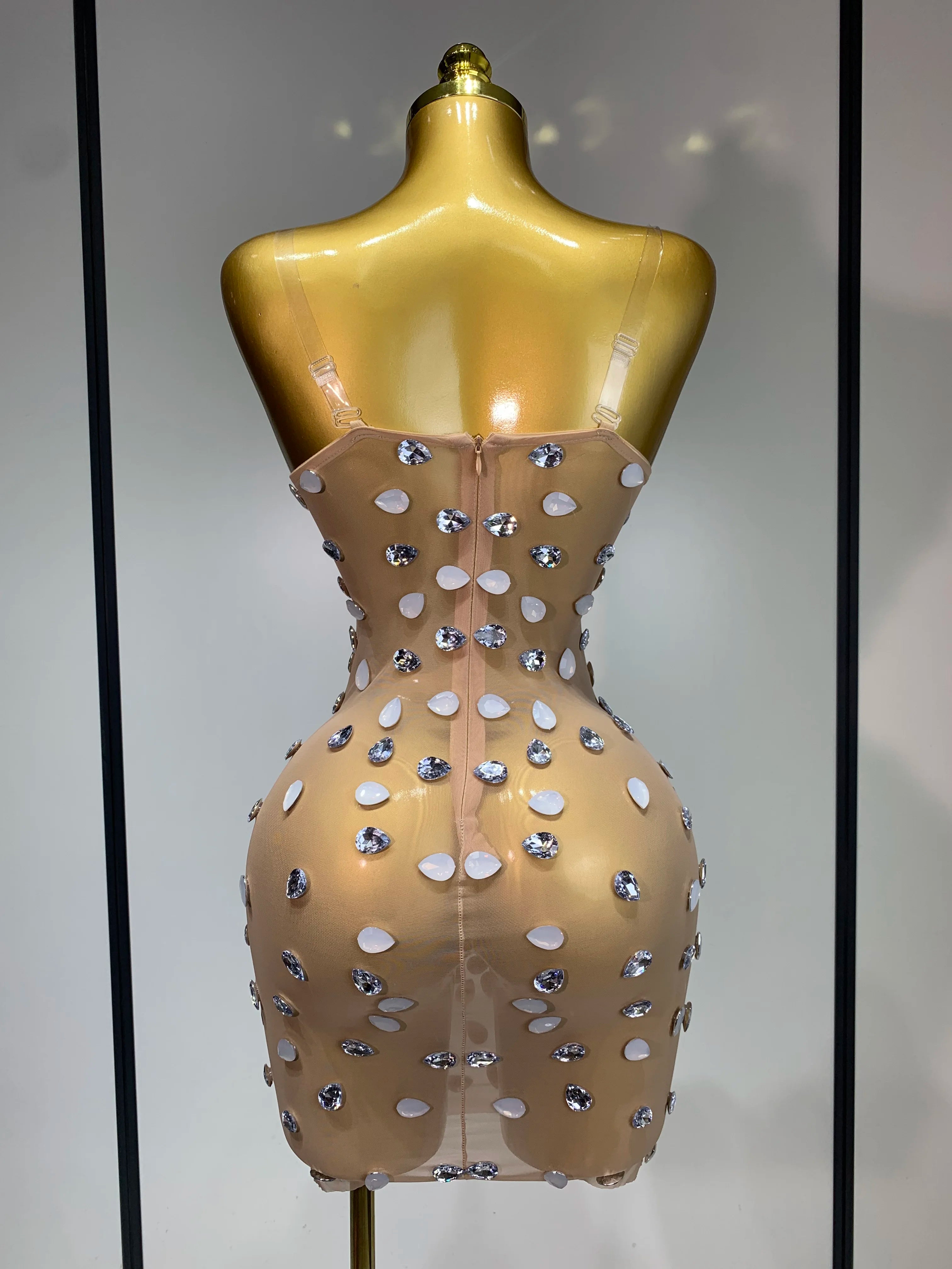 Sexy Sparkly Rhinestone Backless Mini Dress Women Sleeveless Mesh See Through Evening Party Luxury Birthday Gown Stage Outfit