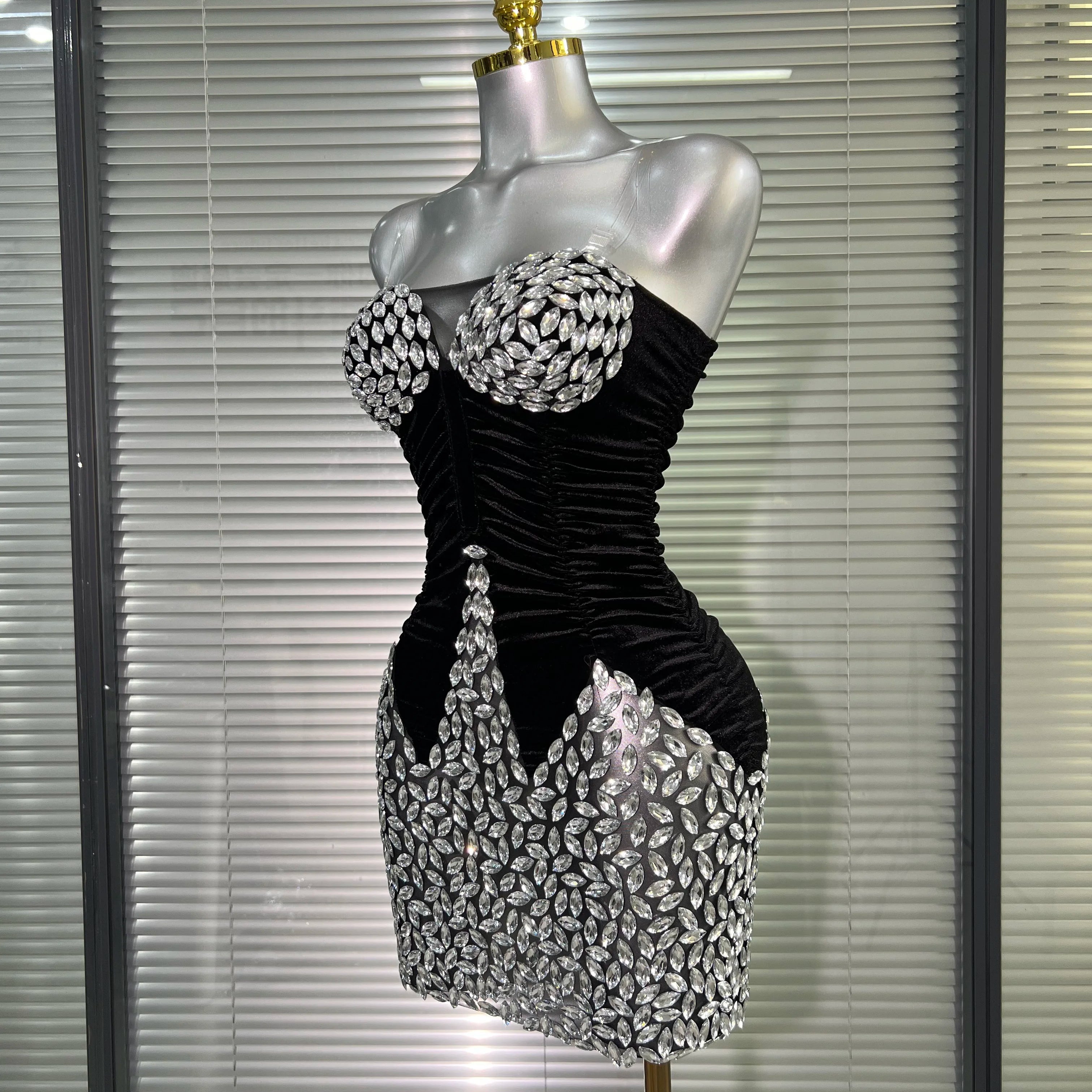 Women Sexy Mesh Crystal Diamonds Black Costume Stage Dancer Stretchy Night Club Strapless Mini Party Dress