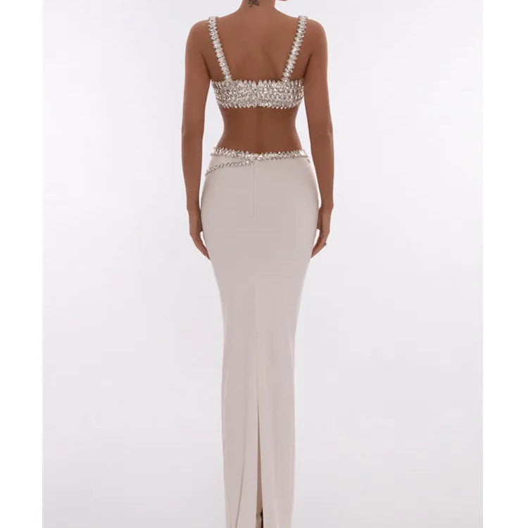 Women Summer Celebrity Sexy Beading Split Maxi Long White Bandage Skirt Set 2024 Knitted Elegant Evening Club Party Clothing