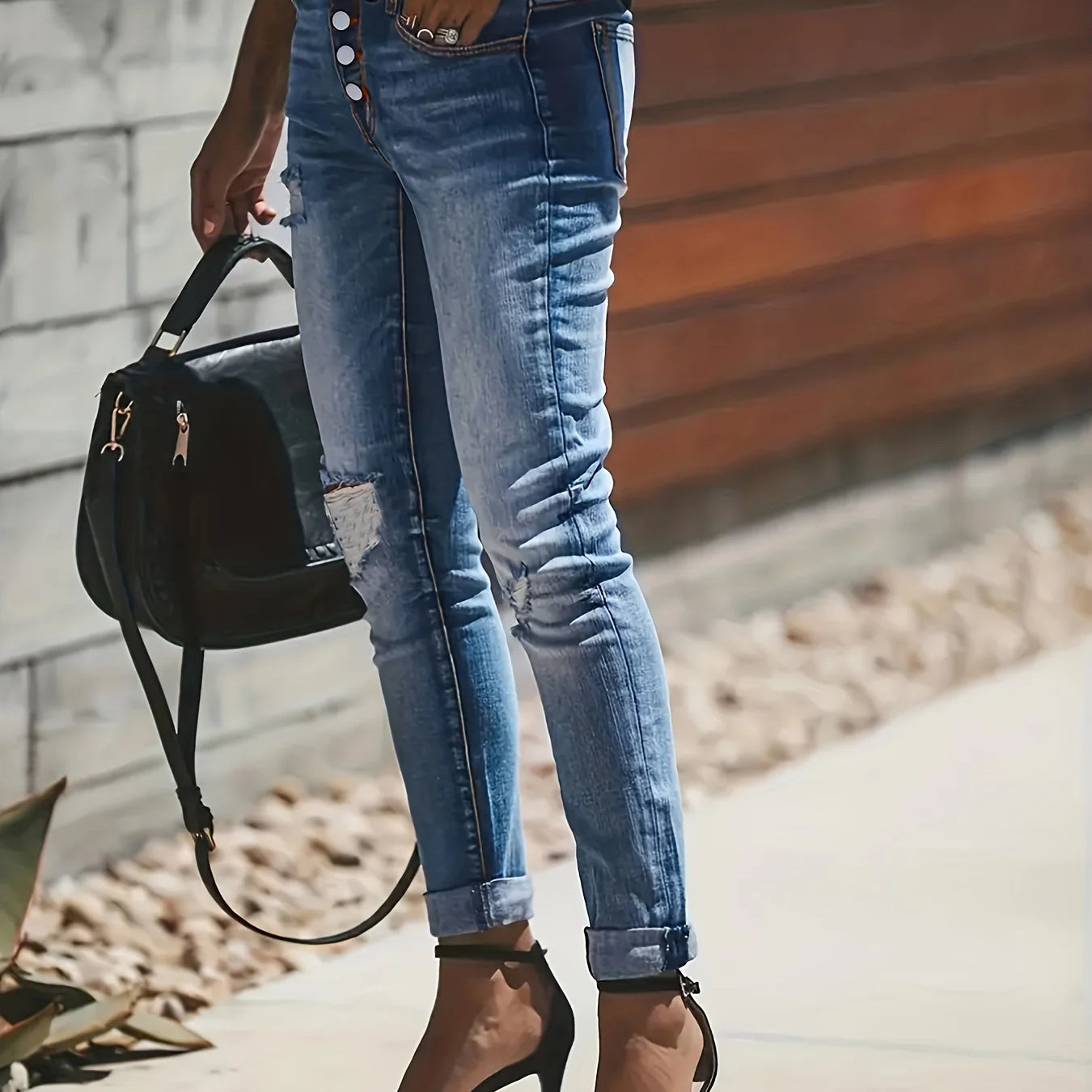 Blue Ripped Holes Denim Jeans, Slim Fit Single-Breasted Button High-Stretch Casual Denim Pants, Women's Denim Jeans