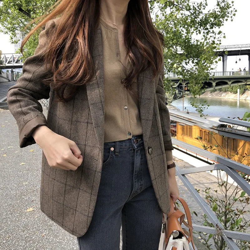 Spring Autumn Summer Plaid Blazer Women Jacket 2023 New Korean Style Slim Long Sleeve Casual Fashion Business Suit Coats Woman