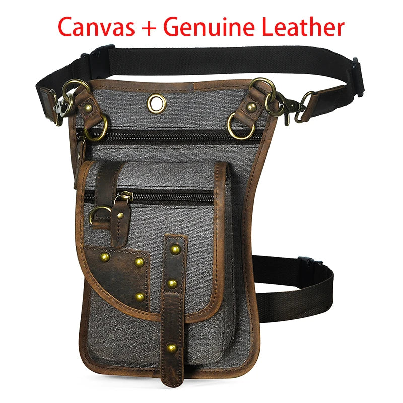 Leather Multipurpose Men Travel Mochila Crossbody Messenger Bag Hook Belt Waist Pack Drop Leg Phone Case Bag canvas-gray