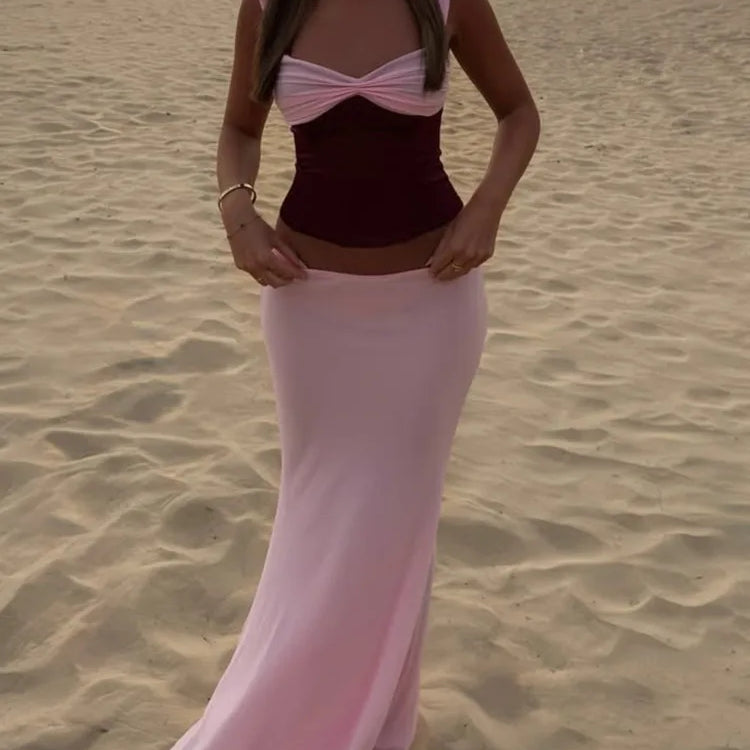 Sexy Skirt Two Piece Sets Women Halter Lace-up Cropped Tops And Maxi Skirt Ladies Fashion Sleeveless 2 Piece Sets