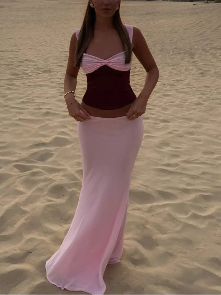 Sexy Skirt Two Piece Sets Women Halter Lace-up Cropped Tops And Maxi Skirt Ladies Fashion Sleeveless 2 Piece Sets