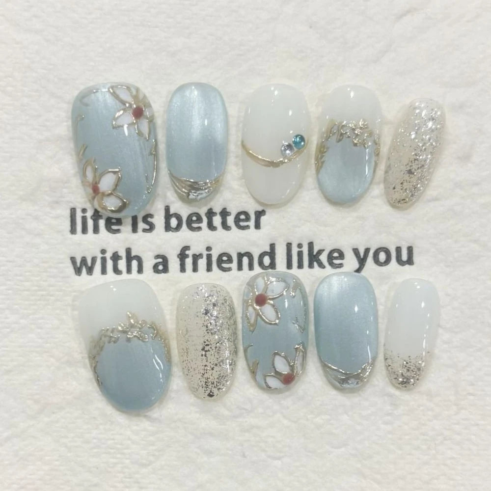 10Pcs French Almond Rhinestone Fake Nails Shiny Cat's Eye Silver Bow Medium Acrylic Nails Elegant Pearl Chain Wearable Nail Set