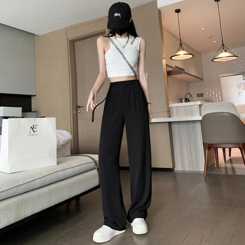 Seoulish High Waist White Suit Wide Leg Women‘s Full Pants Spring Summer Female Elegant Minimalism Straight Loose Trousers 2024 Black(longer)