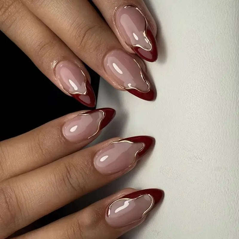 24Pcs French Retro Red Nail Art Full Cover Irregular Gilded Minimalism Press on Fake Nails Detachable Mid-length Almond Manicure