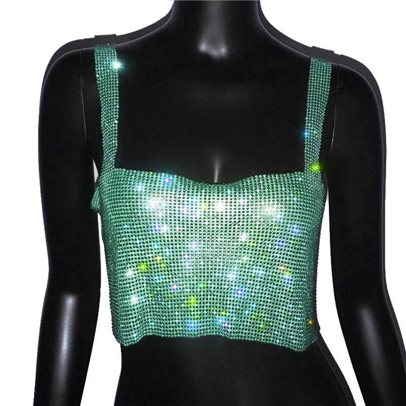 Bling Rhinestones Party Crop Top Fashion Solid Backless Straps Full Diamonds Sequins Cami Cropped Top for Women green