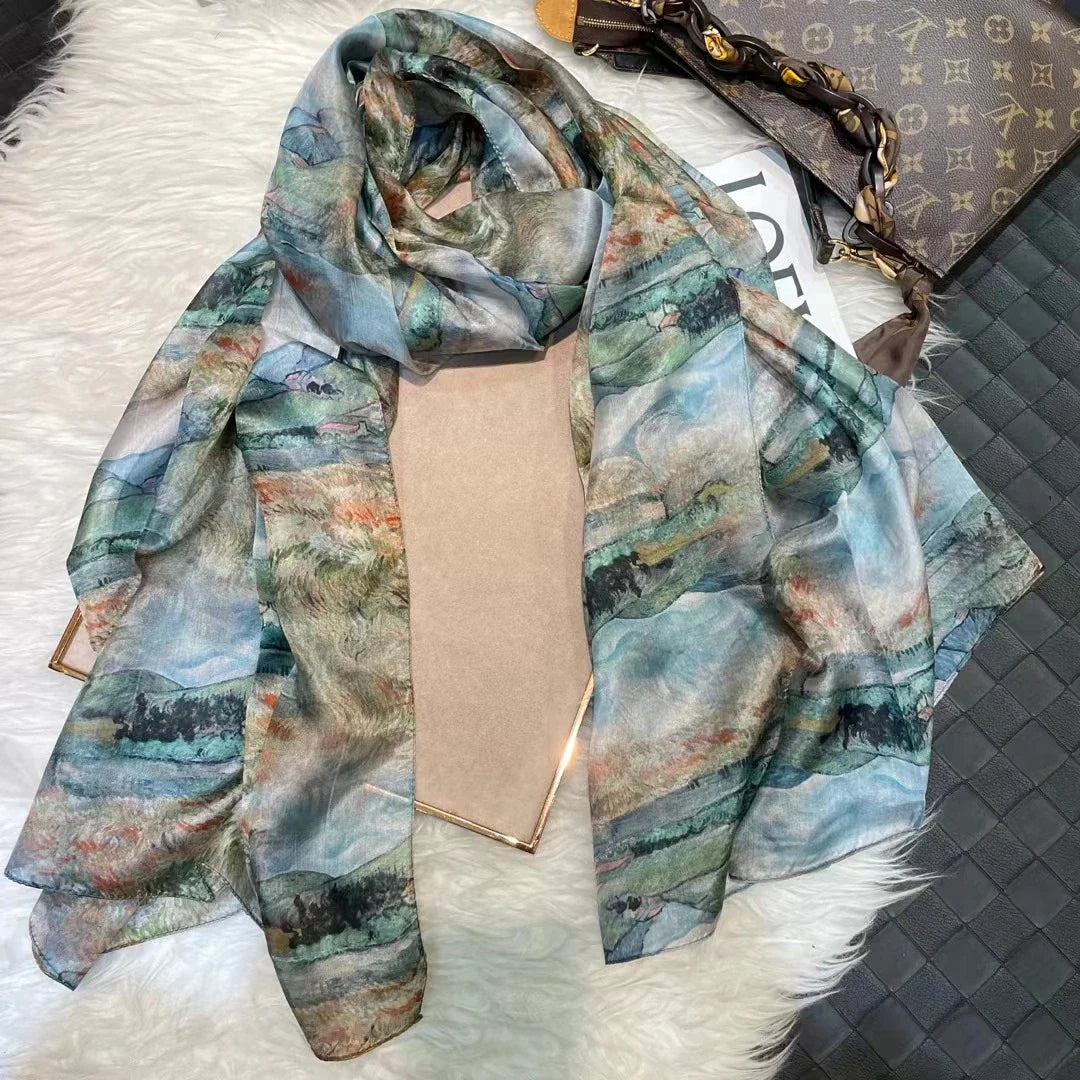 [BYSIFA] Ultralarge Spring Autumn Silk Scarf Wraps Brand Female Long Scarf Cape Fashion New Design Lace Pattern Blue Silk Scarf green