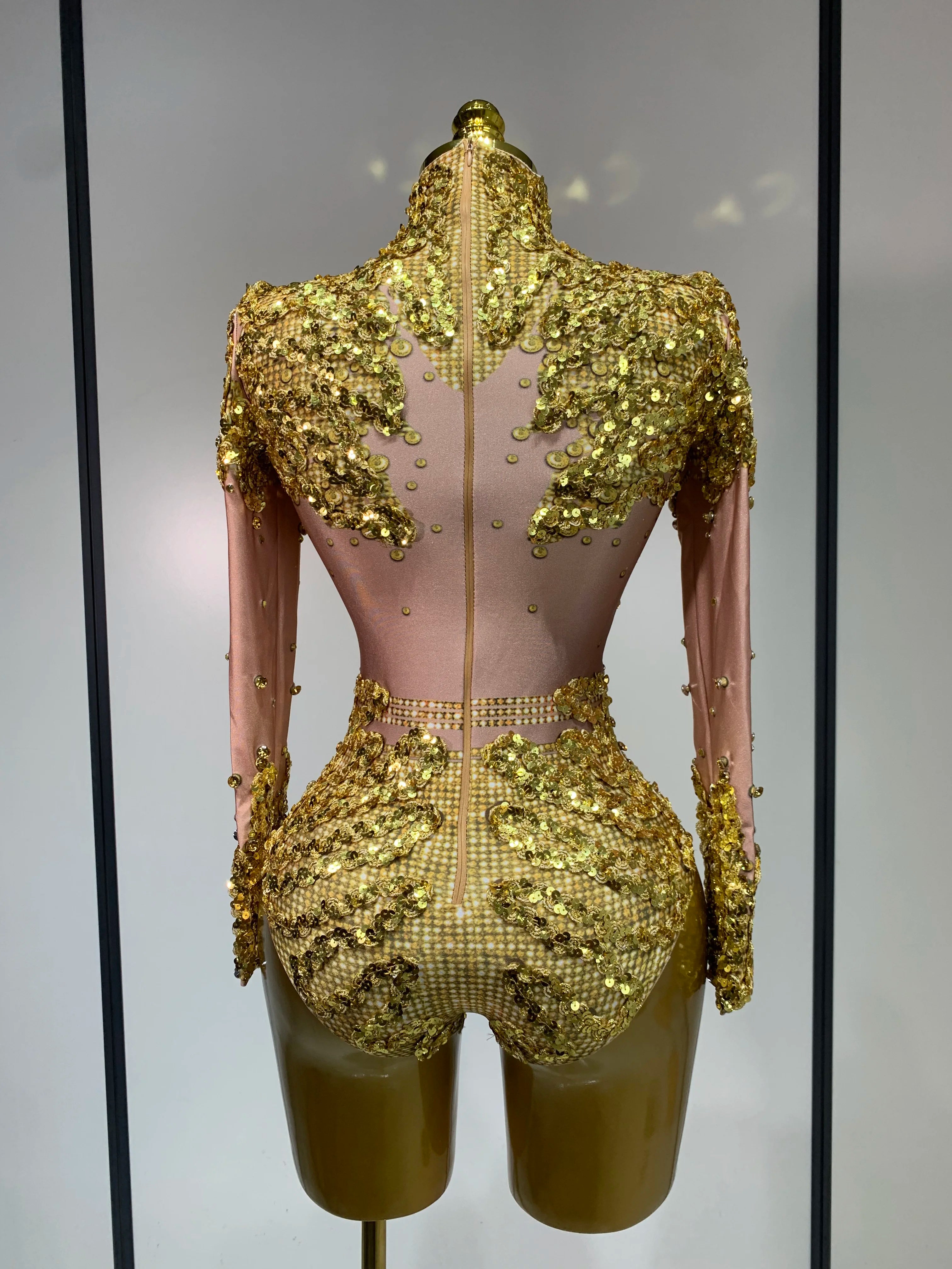 Sparkly Gold Rhinestone Sequin Stretch Bodysuits 2025 Women Luxury Birthday Party Nightclub Dancer Stage Performance Costume