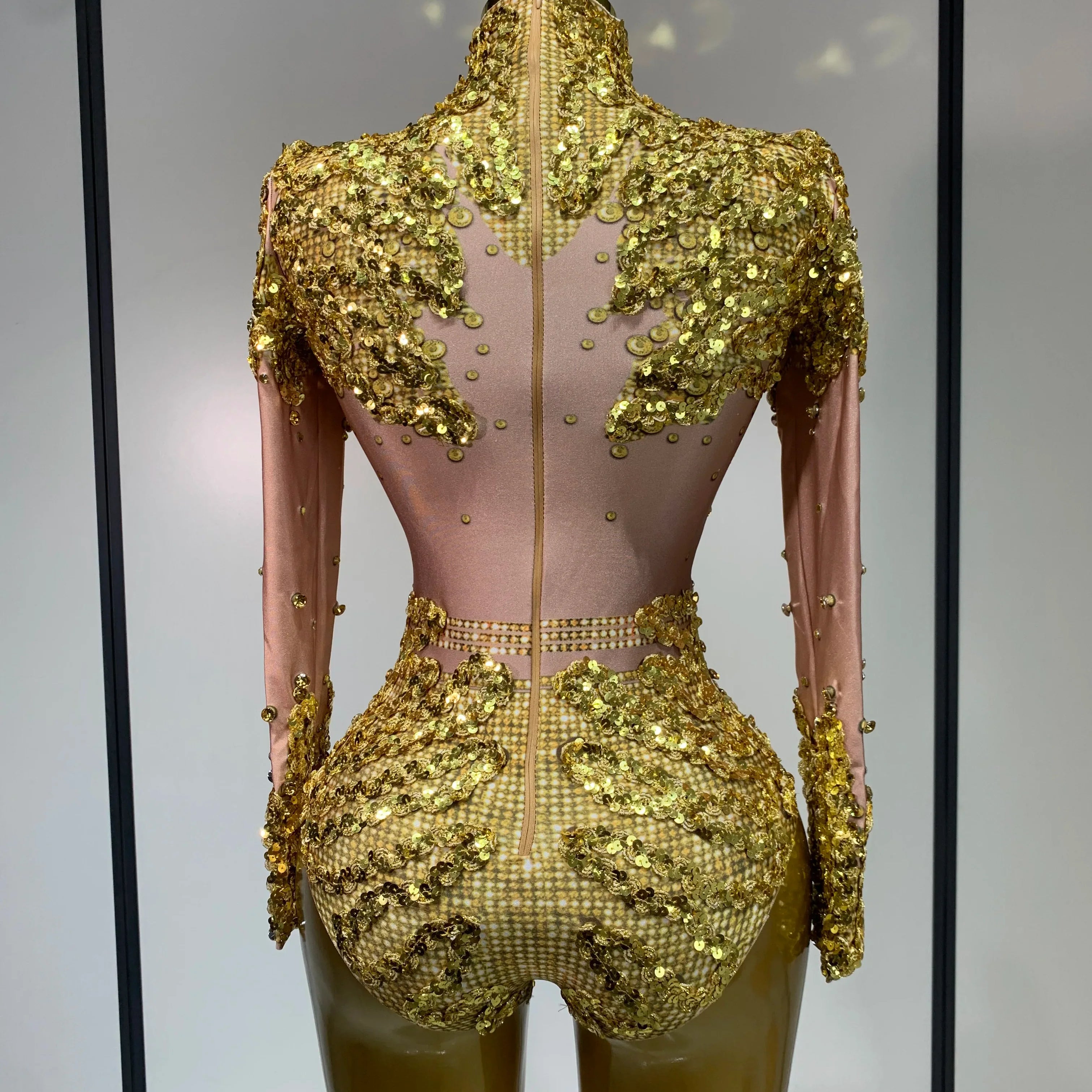 Sparkly Gold Rhinestone Sequin Stretch Bodysuits  Women Luxury Birthday Party Nightclub Dancer Stage Performance Costume
