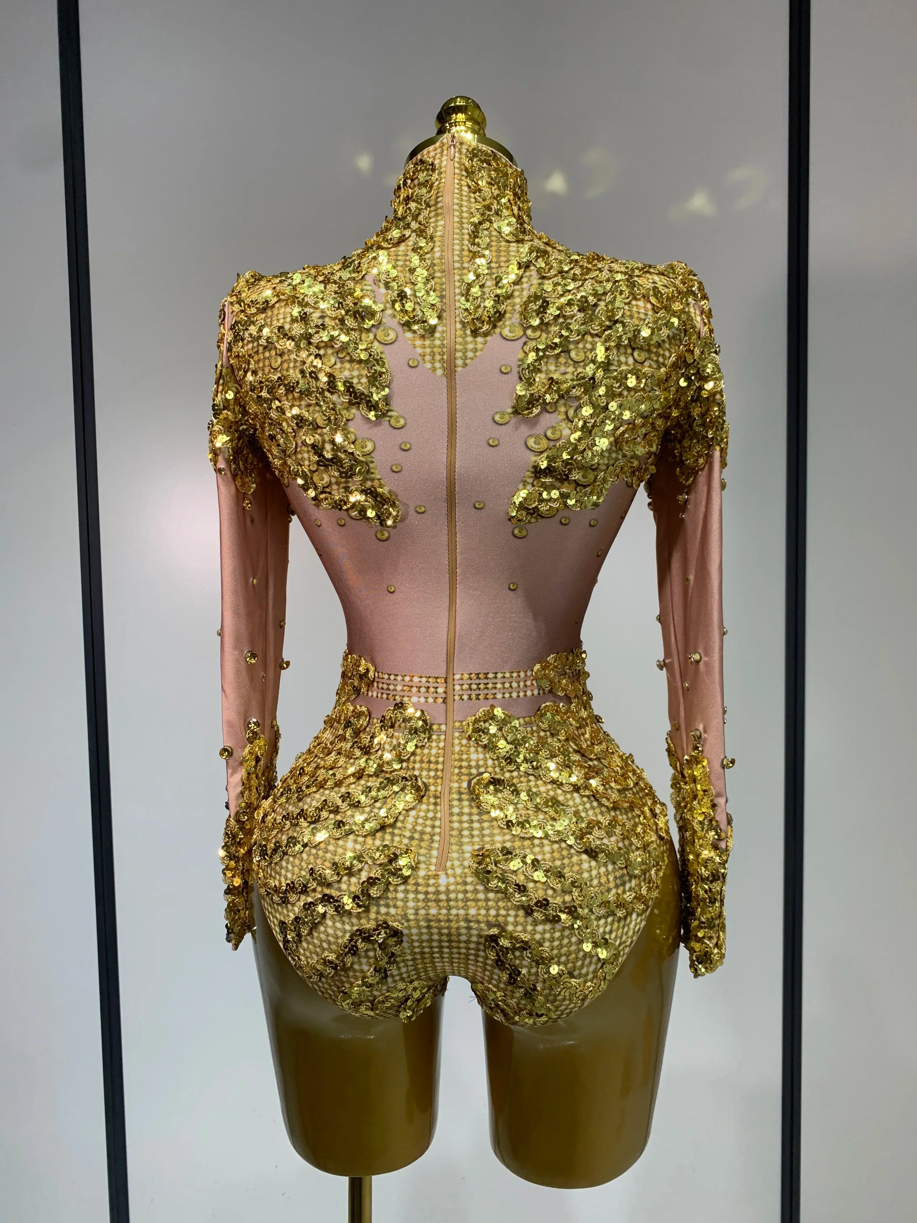 Sparkly Gold Rhinestone Sequin Stretch Bodysuits  Women Luxury Birthday Party Nightclub Dancer Stage Performance Costume