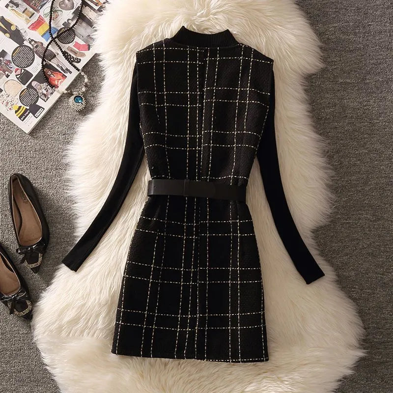 Autumn Winter 2 Piece Sets Tweed Vest Sweater Suits with Sashes Buttons Slim Streetwear Fashion Women Small Fragrance Suit