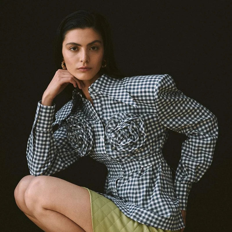 Fairy Grunge 3D Floral Plaid Shirt 90s Vintage Long Sleeve Lapel Button Women Shirt French Aesthetic Trendy Fashion Streetwear