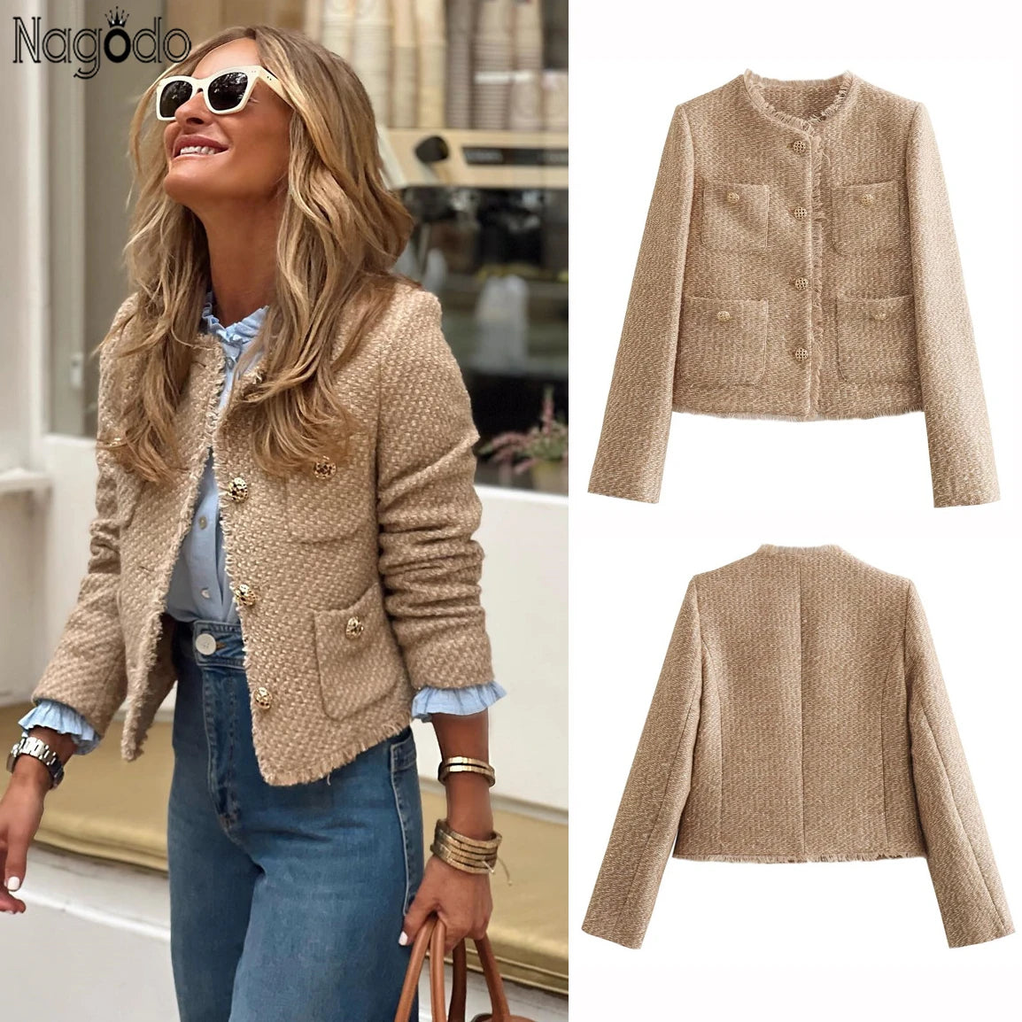 Short Tweed Coat Women Autumn Fashion Elegant O-neck Long Sleeve Botton Frayed Pockets Jackets Female Outwear Office Lady Coats