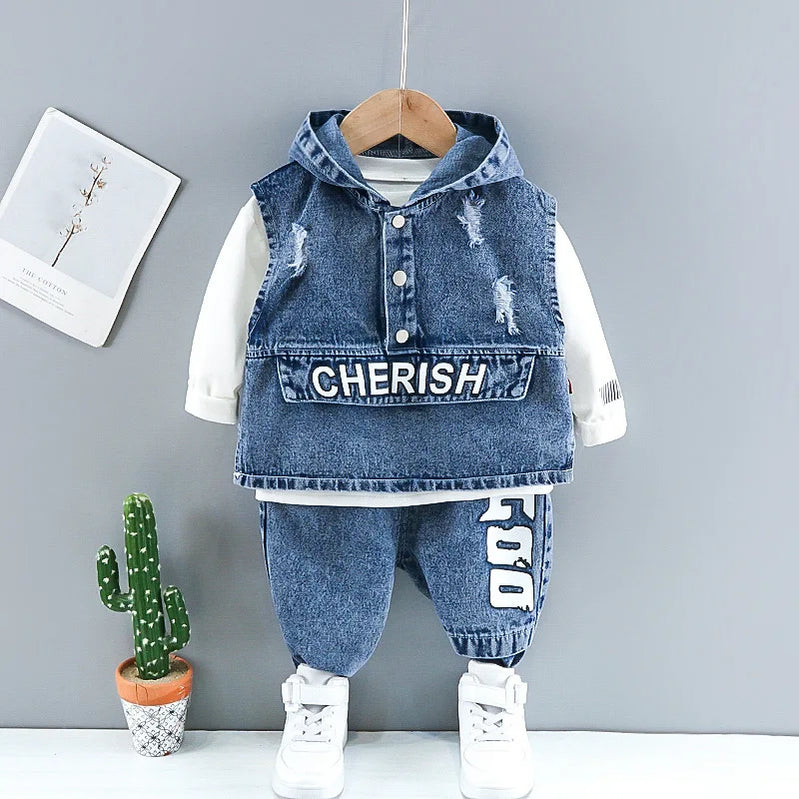 Baby Boy Cotton Clothes Spring Autumn Fashion Cowboy Trousers+Long Sleeve+Coat 3Piece Leisure Sports Stars Denim Clothes Suit AL01 Blue